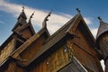 Close-up and detail of Norwegian stave church roof and ornate