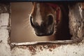 Close-up detail Nose of brown horse, bridle, saddle