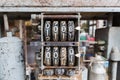 Close up detail of old analog oil measurement. meter dials counter Royalty Free Stock Photo