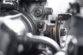 Close up detail of old dirty car engine machine with dust in gar