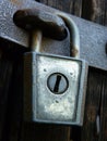 Old Vintage Iron Padlock Lock On Barn Door