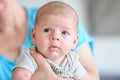 Close-up detail portrait of cute little peaceful newborn baby boy child face with beautiful open eyes Royalty Free Stock Photo