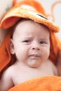 Close-up detail portrait of cute little peaceful newborn baby boy child face with beautiful open eyes Royalty Free Stock Photo