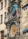 Close up detail with Prague Astronomical Clock Medieval timepiece on the facade of city hall