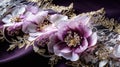 Close up detail of purple fabric with flowers and gold embroidery. Generative AI Royalty Free Stock Photo