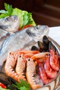 Close up detail of raw seafood platter.