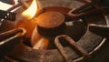 Close up detail shot of old rusty kitchen stove ring switched on fire with lighter flame burning in dangerous gas energy and