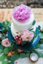 Dessert Table With Beautifully Decorated Wedding Cake With Flowers