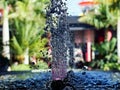 A close-up, detail of a vertical bubbling fountain that is lit purple from below