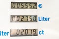 Close-up detail view of fuel pump digital display showing high rising super and diesel gasoline petrol price at gas Royalty Free Stock Photo