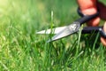 Close-up detail view of man hand cutting green grass on backyard garden with small nail scissors on bright summer sunny Royalty Free Stock Photo