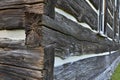 Close up detail of the weathered wooden log cabin church