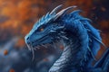 Close-up of a detailed, blue-scaled dragon with an intense gaze amidst a fiery backdrop