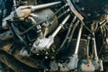 close up of detailed old jet aircraft engine with rustry and grunge for vintage retro airplane engine background