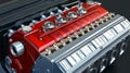 Close-up of a detailed red and silver car engine showcasing mechanical components and design Royalty Free Stock Photo