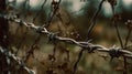 A close-up, detailed shot of a barbwire and razor wire fence's sharp features Royalty Free Stock Photo