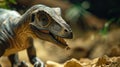 Close-up of a detailed small dinosaur figurine eating in a lifelike habitat