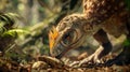 Close-up of a detailed small dinosaur figurine eating in a lifelike habitat