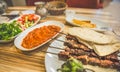 Close up detailed view of grilled delicious Turkish liver shish kebab