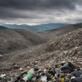 A close-up, detailed view of a landfill, with mountains of garbage extending as far as the eye can see. AI generated