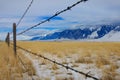 CLOSE UP: Detailed view of sharp barbed wires outlining a ranch under Rockies