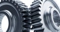 Close-up of Two Interlocking Silver Metal Gears cogs machinery Royalty Free Stock Photo