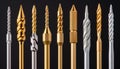 Close up detailed view of a variety of assorted drill bits for precise and intricate work