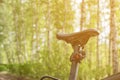 close-up details of a bike against a blurred forest background, front and back background blurred with bokeh effect Royalty Free Stock Photo