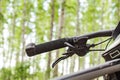 close-up details of a bike against a blurred forest background, front and back background blurred with bokeh effect Royalty Free Stock Photo