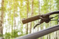 close-up details of a bike against a blurred forest background, front and back background blurred with bokeh effect Royalty Free Stock Photo