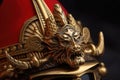 close-up details of a brass emblem on a vintage firefighter helmet