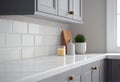 Close up details of contemporary white apartment kitchen with subway tiles, AI Generated Royalty Free Stock Photo