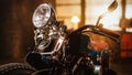 Close Up Details of a Custom Bobber Motorbike Standing in an Authentic Creative Workshop. Chromed Royalty Free Stock Photo