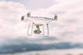 Close up details of drone quadcopter flying in clear blue sky Royalty Free Stock Photo