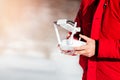 Close up details of drones remote control with man piloting the aircraft Royalty Free Stock Photo