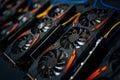 Close up details of graphics cards at cryptocurrencies mining rig. Modern technology