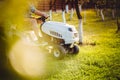 Close up details of lawn mowing tractor