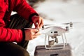 Close up details of man installing drone propellers, getting drone in air for aerial footage, videography and photography