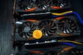 Close up details of modern mining business with gpu, graphics cards used for creating bitcoin digital currency