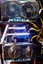 Close up details of modern mining rig with gpu, graphics cards used for creating bitcoin digital currency. Electronic Royalty Free Stock Photo