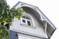 Close up details of old blue wood architecture house with small nique accents and details Royalty Free Stock Photo