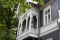 Close up details of old blue wood architecture house with small nique accents and details Royalty Free Stock Photo