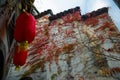 Close up details and red lanterns of ancient buildings in Anhui Province, China
