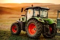 Close-up details of tractor and trailer on hills at sunset