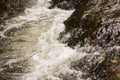 Close up details of waterfall stream white bubbles small countryside river