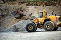Close up details of wheel loader with scoop working on construction site Royalty Free Stock Photo