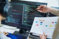 close up developer discussion about app flowchart coding at desk in modern office