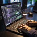 Close-Up of Developer's Hands Typing Code on Laptop in Dark Room