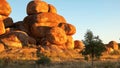 Close up of the devil`s marbles in australia`s northern territory at sunrise Royalty Free Stock Photo