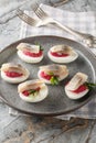 Close-up of deviled eggs with beetroot salad and herring in a plate. Vertical Royalty Free Stock Photo